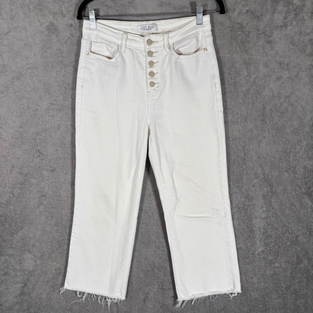 Judy Blue White High Rise Button Fly Raw Hem Cropped Straight Jeans 7/28 JB88674